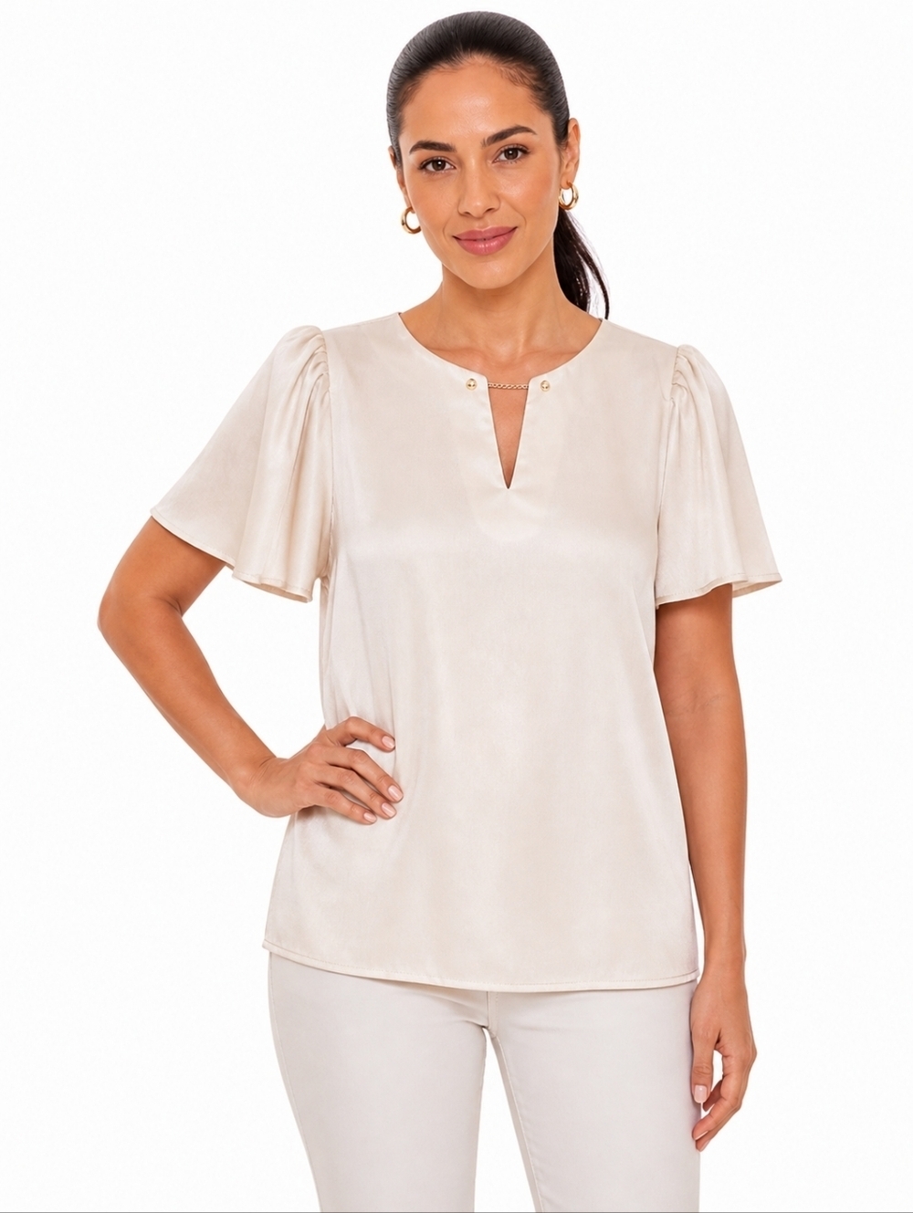Sara Michelle Women’s Blouse Cream Satin Flutter Sleeve Keyhole Neck Top.Size L